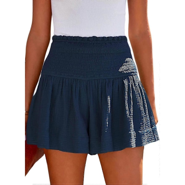 Damshorts Bomull Hög Elastisk Midja Plisserade Volang Söta Shorts Strand Flödande Casual Shorts S-xl Blue Small