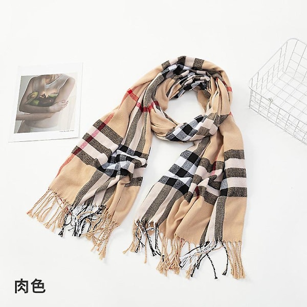Damscarf 2023 Höst Och Vinter Ny Rutig Scarf Cashmereliknande Varm Tofssjal Flesh color 70*200 cm