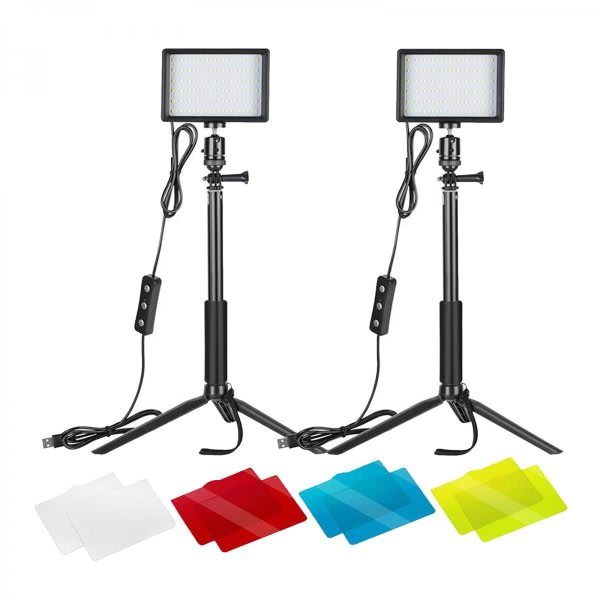 Justerbart LED-panel USB-videolys 5600K Sett med 2 LED-lys med stativ og fargede filtre Egnet for fotoportrett Youtube-video