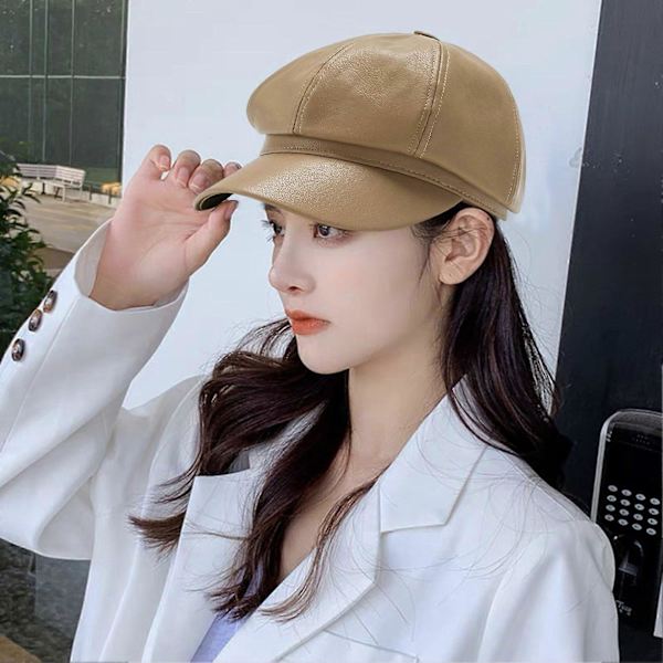 Dam Vår Sommar Basker Retro Enfärgad Konstläder Kort Skärm Dekorativt Solskydd Anti-UV Andningsbar Dam Målarhatt Unisex Åttakantig Mössa Beige