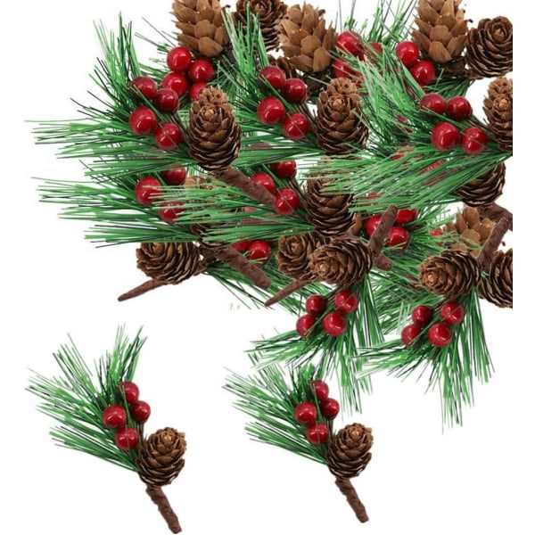 10 kpl keinotekoisia männynpoimia Jouluisia männynneuloja punaisilla marjoilla käpyjä, joulun keinotekoisia männynkäpyjä marjanvarren koristekimppuja