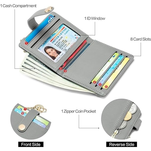Kvinnors smala plånbok RFID-blockerande bifold-korthållare med blixtlåsförsedd myntficka ID-fönster och nyckelring grey