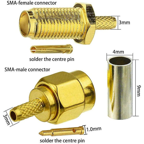 10 kpl SMA-uros ja -naaras koaksiaaliliittimiä ja puristimia SMA-RG174 RG316 WiFi-antennijatkojohdolle