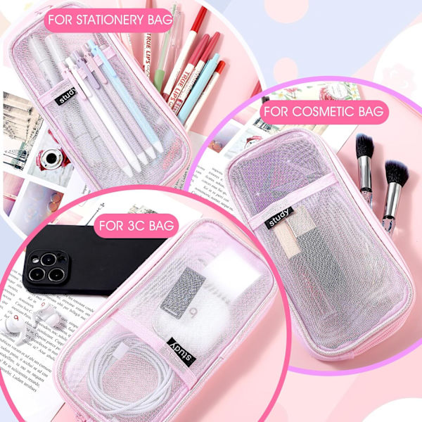 Gitternet Pencil Case Stor Kapacitet Blyantpose Transparent Makeup Pung Kosmetikpung til Studerende Skole College Kontor Pink