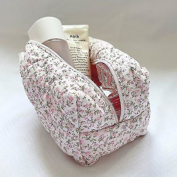 Blommig Puffy Quiltad Makeup Bag Stor Resväska Kosmetisk Väska Rosa Rosa Kb