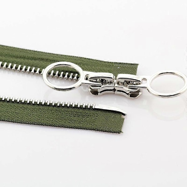 5# 70/90cm Metallivetoketju, jossa kaksoisliukuri ja pyöreä rengas DIY-ompeluun khaki 90cm