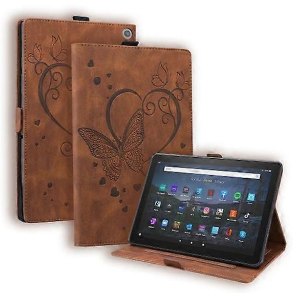 Amazon Fire HD 10 Plus 2021 / HD 10 2021 -laitteelle sopiva vaaka-asennossa avattava nahkainen suojakotelo, jossa on rakkausperhonenkuvio ja teline Brown