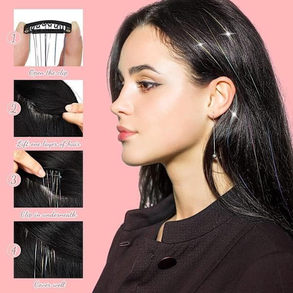 Clip-in Hår Glitter Extensions Sæt til Halloween Cosplay Fest Rød Red