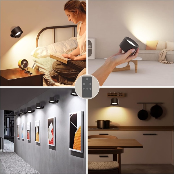 Batteridriven vägglampa, 360° justerbar belysning inomhus vägglampa, 3 färgtemperaturer, 3 ljusstyrkenivåer touch-kontroll Black Remote Control