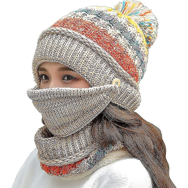 Kvinder vinterhue tørklædemaske 3 i 1 fleeceforet strikket varme hue hatte tørklæder