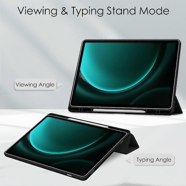 Kirkas suojakotelo Samsung Galaxy Tab S9 FE Plus -tabletille, kynäpaikka, kolmiosainen jalustakotelo Black