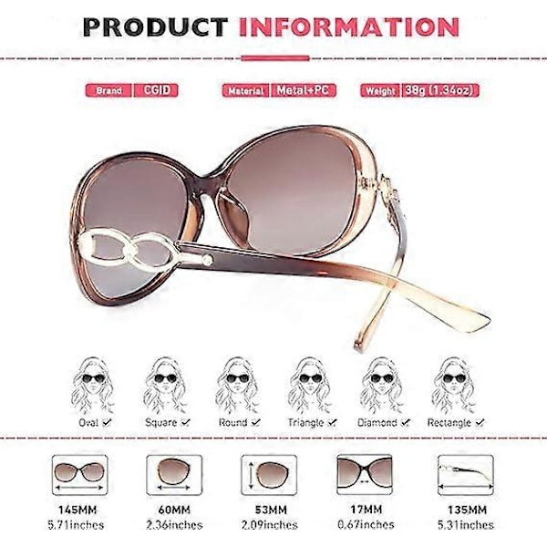 Solbriller Dame Polariserte Retro Designer Solbriller Stor Ramme Oversized Shades UV400 Beskyttelse