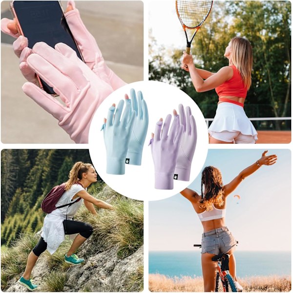 2 par solskyddshandskar för kvinnor, halkfria UV-skyddshandskar för körning, handskar med full finger touch screen, handledslängd för sommarridning purple blue