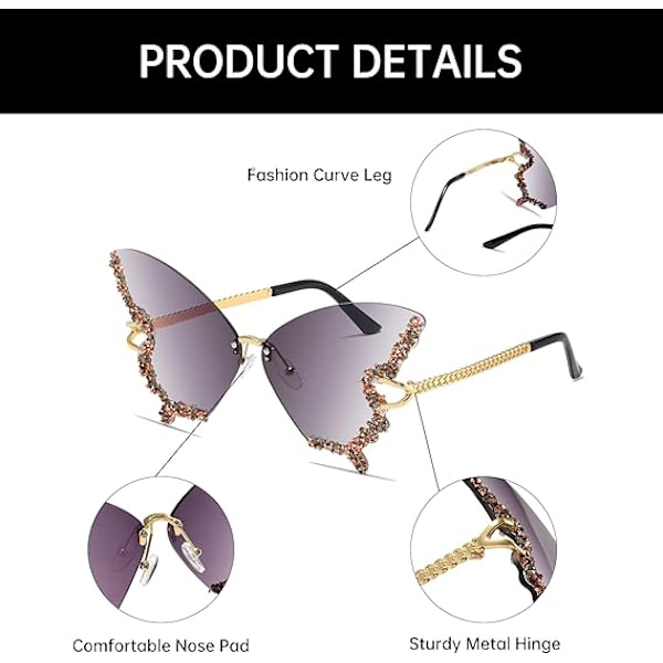 Kvinde Rimless Solbriller Sommerfugl Vintage-Retro Funky Farvet Diamant Rhinestone Briller Festival Rave 70'er Fest Solbriller