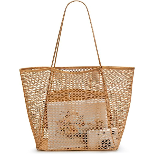 Sommerstrandveske, dame netting tote bag, stor casual skuldertaske med glidelås innerlomme for reise daglig basseng gym piknik Brown