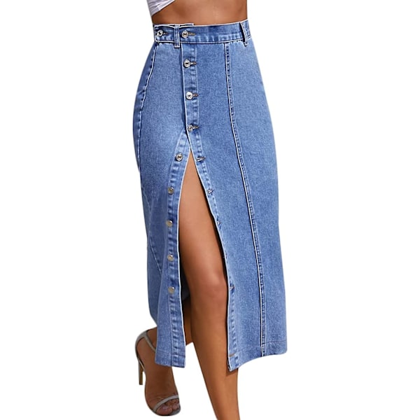 Dameknapp Side Splitt Denim Midi Skjørt Casual Høy Midje Slim Fit Jeans Blyantskjørtlarge