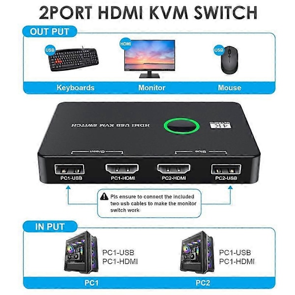 KVM-switch 2 Portars Box USB och HDMI-kompatibel Switch för 2 datorer som delar tangentbord, mus, skrivare a