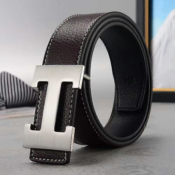 Ny stil affär ledig äkta PU-läder H slätt spänne litchi-korn bälte för män Coffee silver buckle