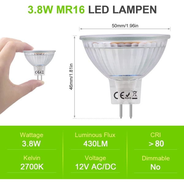 MR16 LED-spotlightlampor GU5.3-sockel Varmvitt 2700K, 3,8W motsvarande 40W halogen, LED-spotlight GU5.3 12V Ej dimbar, 6-pack