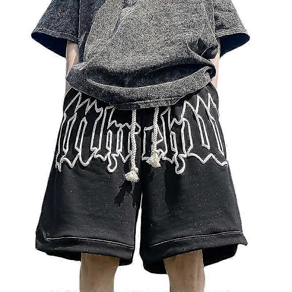 Juspinice Kesämiesten shortsit kirjainpainatuksella Korealaista muotia Löysät High Street Ins vapaa-ajan housut Hip Hop puolipitkät housut 2023 Y2k vaatteet black M