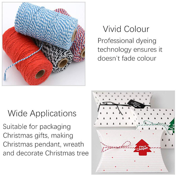 2mm 100m Bomullssträng Garn 2-trådig Flerfärgad Semester Dekorativ Randig Tråd För DIY Hantverk Present Bakning Inpackning Bright Red-White