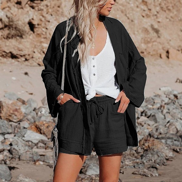 Dame Shorts Sommer Mote Casual Muslin Bukser med Høy Midje Rett Ben Sport Casual Løse Shorts med Snøring Kort black XL