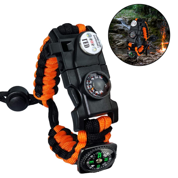 Survival Paracord Armband 7-i-1 taktiskt armband - akut Orange och svart