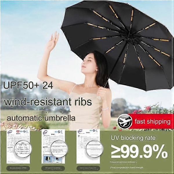 Automatisk solbeskyttelsesparaply 60 ribber vindtæt 24 ribber solbeskyttelse foldeparaply avanceret solskærm solbeskyttelsesparaply - yyds black 24 keel