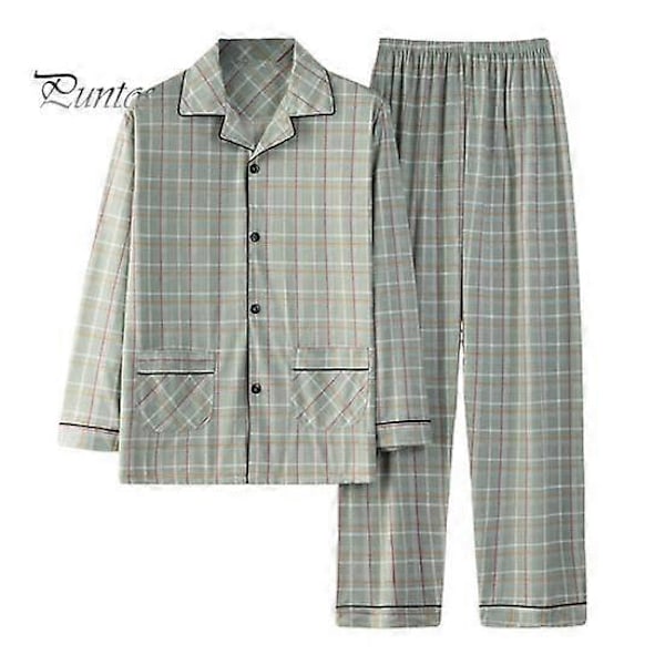 2 stk/sett Herre Pyjamas Sett Rutete Trykk Jakkeslag Langermet Enkeltspent Skjorte Elastisk Midje Lange Bukser Sett Løs Passform Loungewear Dress light green XL