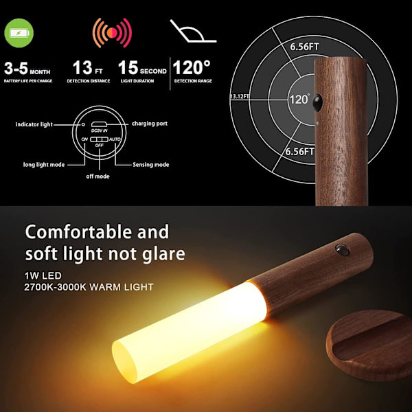 USB-oppladbar vegglampe, bevegelsessensor nattlys, bærbar, avtakbar, magnetisk, trådløs, automatisk batteristrimmel Brown