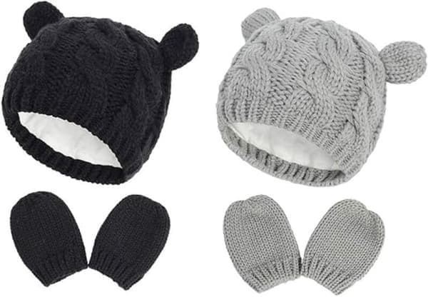 2 Barns Vintermössa & Handskar Set - Stickat Björnmönster, Varmt - för 2-5 År - Unisex