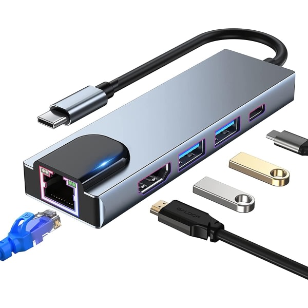USB-C-keskittimen moniporttinen sovitin, 5-i-1 USB-C-telakointiasema ja 4K HDMI