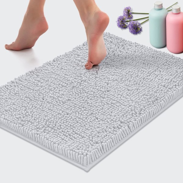 Bademåtte-Ekstra-blødt plys badetæppe til brusebad, 1'' Chenille mikrofibermateriale, Superabsorberende Shaggy Badetæppe (40 x 60 cm, Hvid)