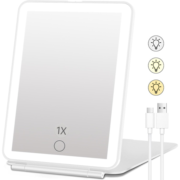 Genopladelig makeup-spejl, bærbar USB-forfængelighedsspejl med 3 farver 72 LED-belysning, touch-sensor-dæmpning, bordplade kosmetisk