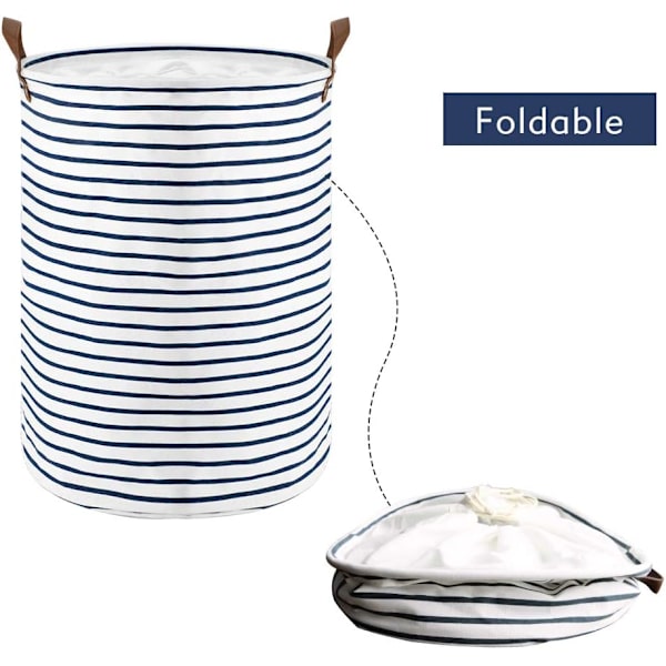 18-tommers frittstående klesvaskurv med lokk, sammenleggbar stor klesvaskpose med snøring og skinnhåndtak (blå stripe)