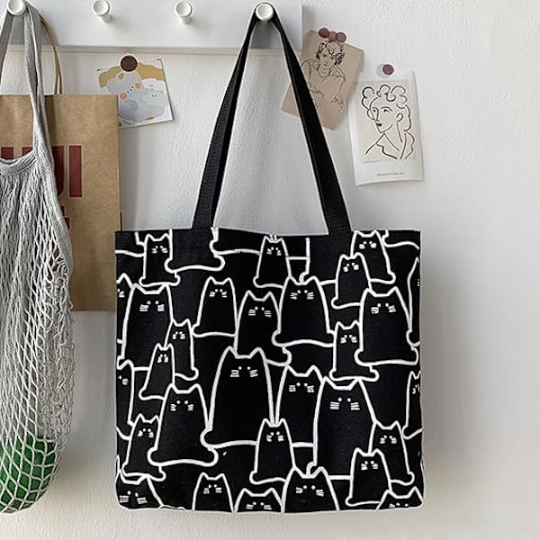 Katt Canvas Tote Bag, tote bag med dragkedja, canvasväska, bomull återanvändbar shoppingväska med ficka, söta katt tote strandväskor estetiska