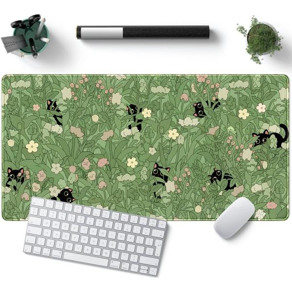 Snygg Musmatta med Katt och Växt - Stor Musmatta för Dator, Laptop, Tangentbord - Kawaii Svart Katt Blomma - Grön Musmatta med Sömmar