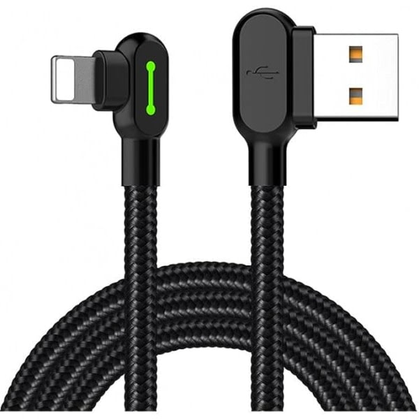 Høyre Vinkel USB-kabel med LED-lys, 90 graders ladekabel Nylon Reversibel USB Rask Data Synkronisering Lader Kontakt Adapter, Fungerer med iPhone