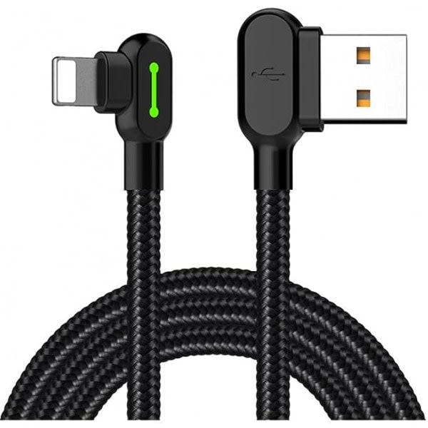 Rättvinklad USB-kabel med LED-lys, 90 graders ladningskabel Nylon vendbar USB Fast Data Sync-laddartilslutningsadapter, fungerer med iphone