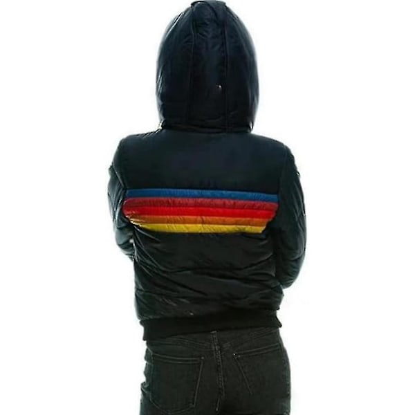 Naisten sateenkaari vetoketjullinen talvitakki, rento raidallinen hupullinen toppatakki Black XXXL