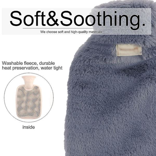 Varmtvannsflaske med mykt trekk - Klassisk varmtvannspose for smertelindring, nakke og skuldre, fotvarmer, menstruasjonssmerter, varm- og kaldterapi - Gr dark grey
