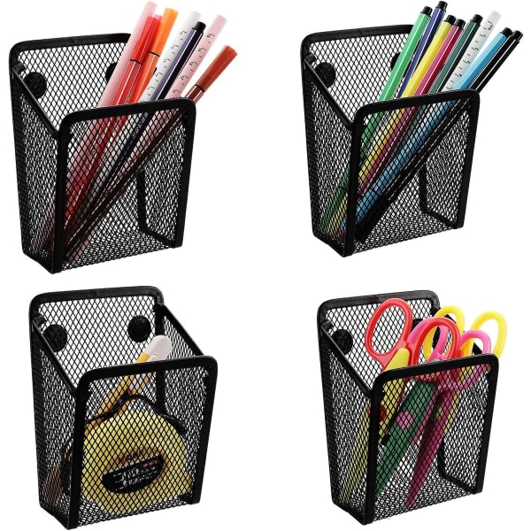 4-pak magnetisk blyantholder, sort mesh metalorganisering, generøs opbevaringskurv til whiteboard, køleskab, skriveborde, skabsadgang