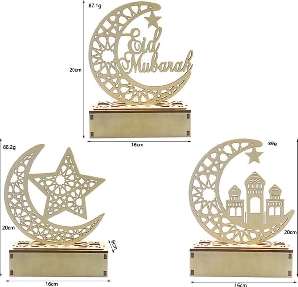 3 stk. Ramadan Lanterne LED Træ Måne Stjerne Lys Dekoration