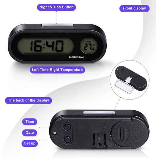 Pack Bil Digital Klocka, 2 i 1 Digital Klocka med Termometer för Bilinstrumentbräda