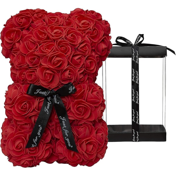 Rose Björn Rose Nalle Blomma present Svart låda eller alla hjärtans dag Jubileum Mors dag Julårsdagar Bröllopsduschar - helt handgjorda 10 tum Red