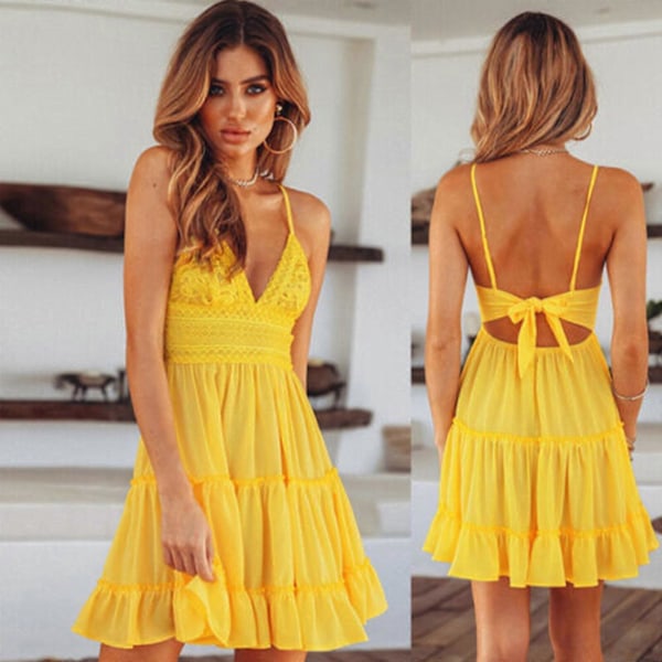 Sexet Sommerkjole til Damer V-hals med blondekant Casual Kjole sommer strandferie - 100% NY Yellow XL