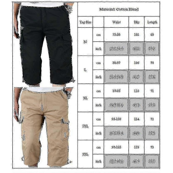 Miesten 3/4 pitkät joustavavyötäröiset shortsit Cargo Combat kolmeneljänneshousut Army Green M