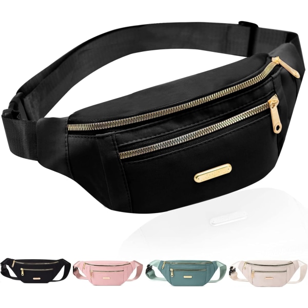 Fanny Pack Fasjonabel midjeveske Uformelt reiseveske med 3 glidelåslommer for kvinner Menn Sport Løping Fottur Jogging Black