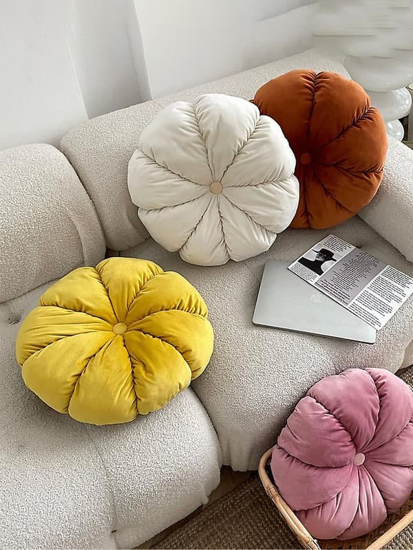 3D Græskar Pyntepude til Sofa Dekorativ Rund Velour Pude til Sofaseng Stol Yellow 45CM