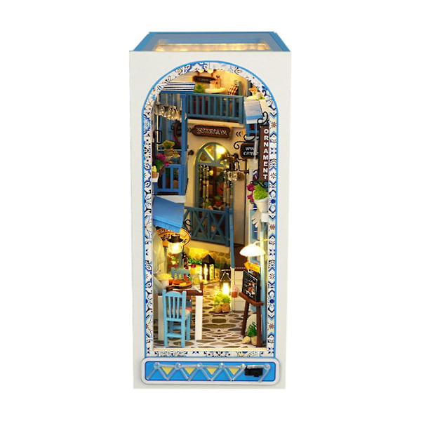 Bog Nook Kit DIY Bogreolindsats Dekoration 3D Puslespil Miniature Træbogstøtter Med LED Lys Lille Bibliotek Hjem Dukkehjem Sea Breeze Realm